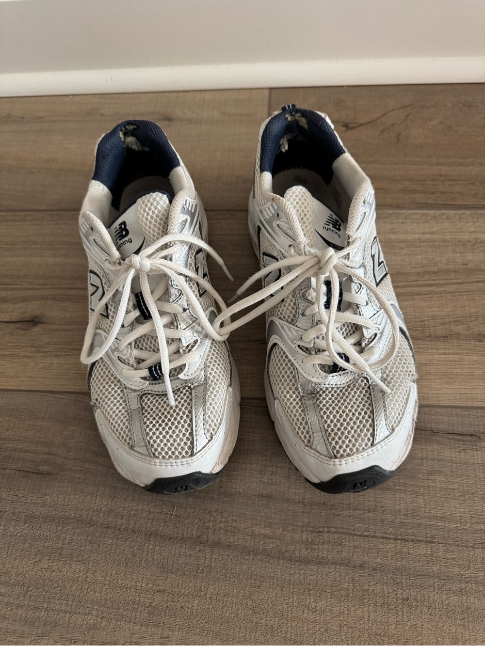 New Balance White and Navy Athletic Sneakers